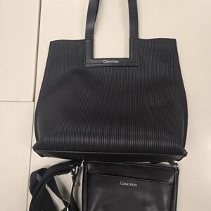 Calvin Klein Black Textured Tote and Crossbody Set